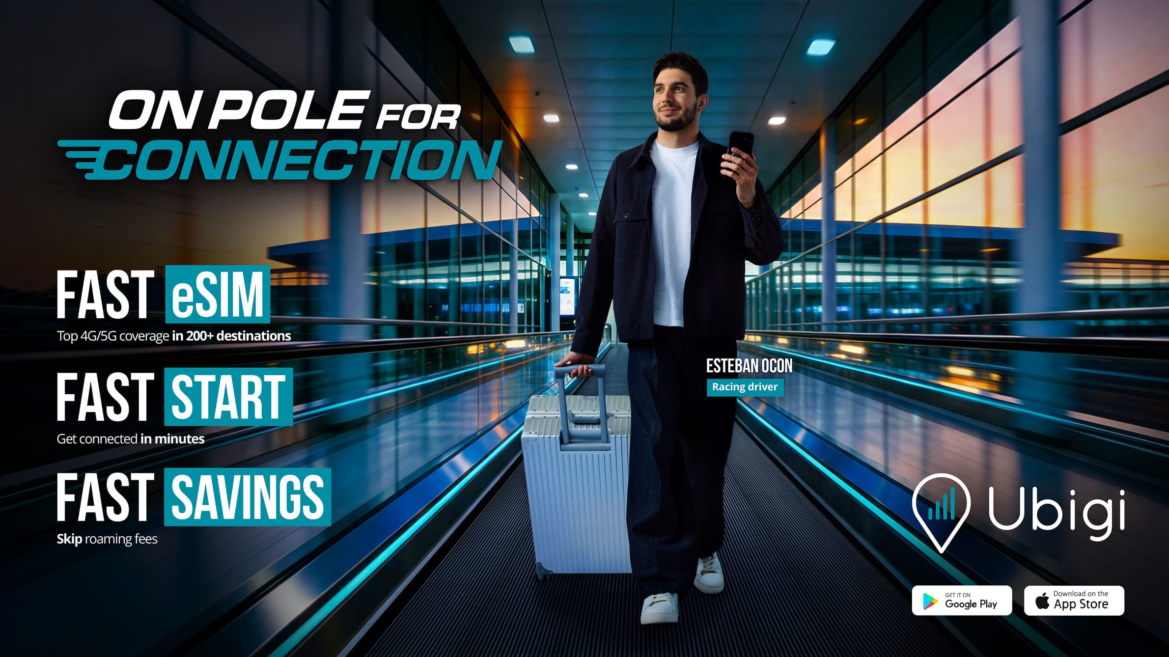 Esteban Ocon walking in an airport — On pole for connection: fast eSIM, fast start, fast savings