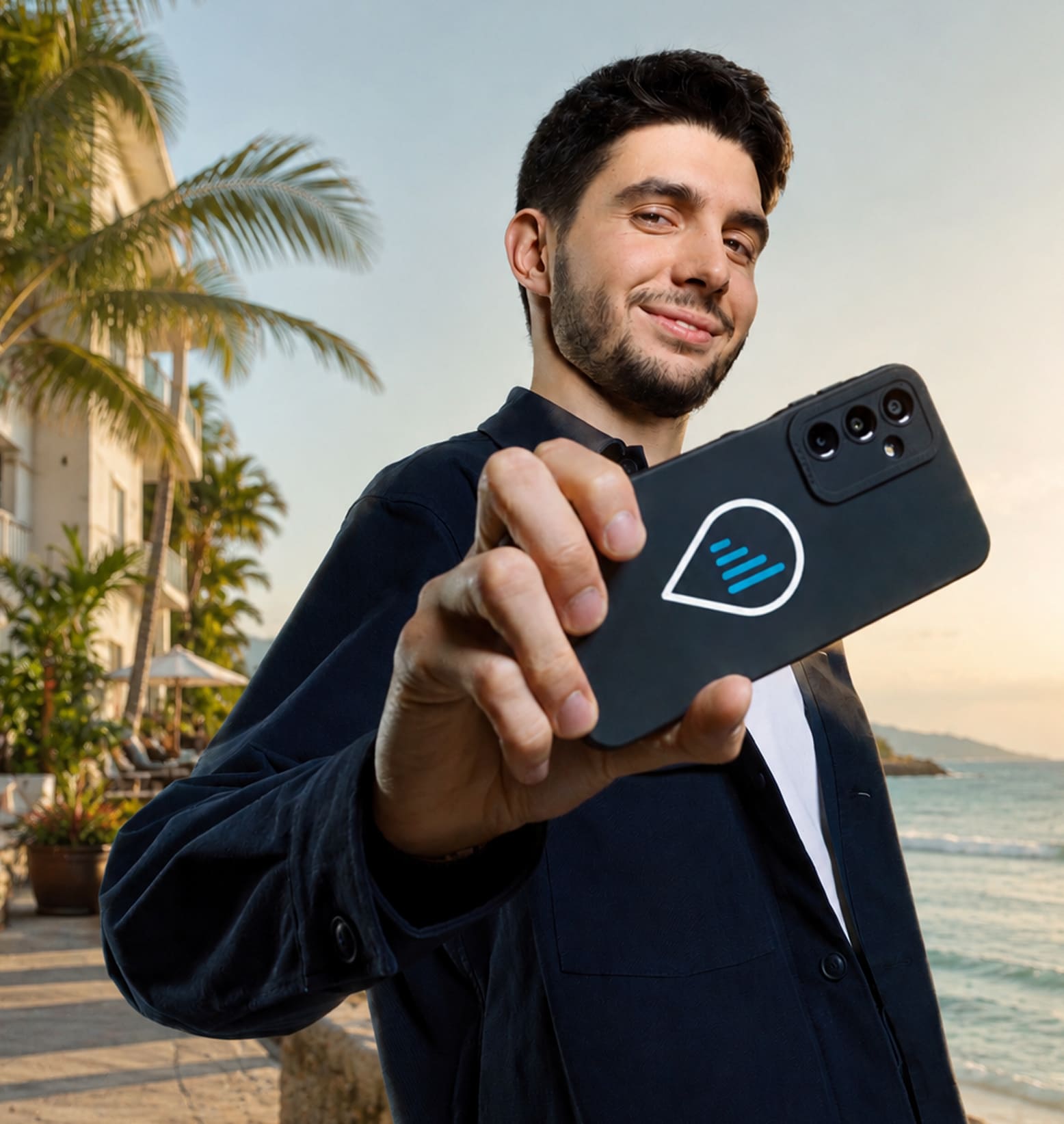 Esteban Ocon holding a smartphone with the Ubigi eSIM logo on the beach