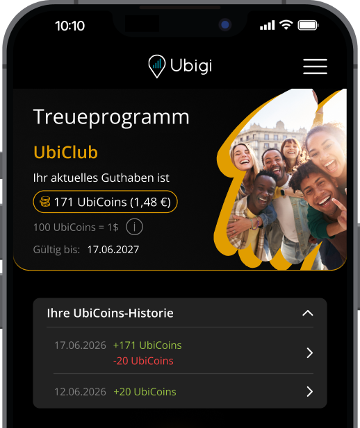 Application Ubigi : portefeuille de fidélité UbiClub et historique des UbiCoins