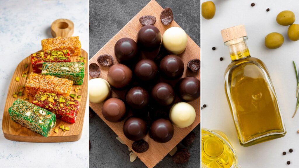 Savour pistachio filled lokhum, Chocolate covered Hazelnut and Olive oil