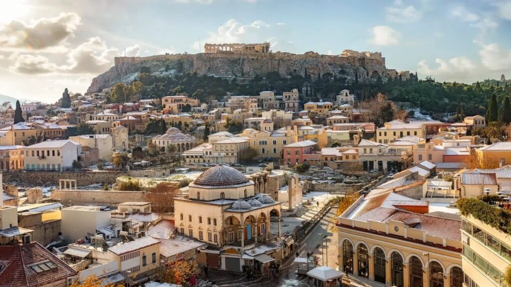 View of Acropolis from the Plaka neighborhood in Athens.