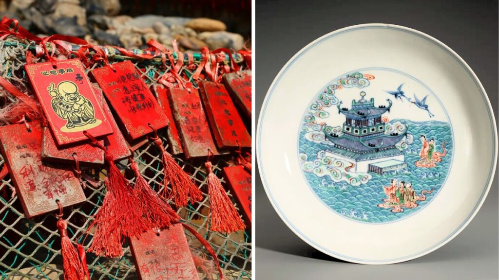 Kaufen Sie lokale Kunstwerke wie handbemalte Teller und chinesische Anhänger als Souvenirs